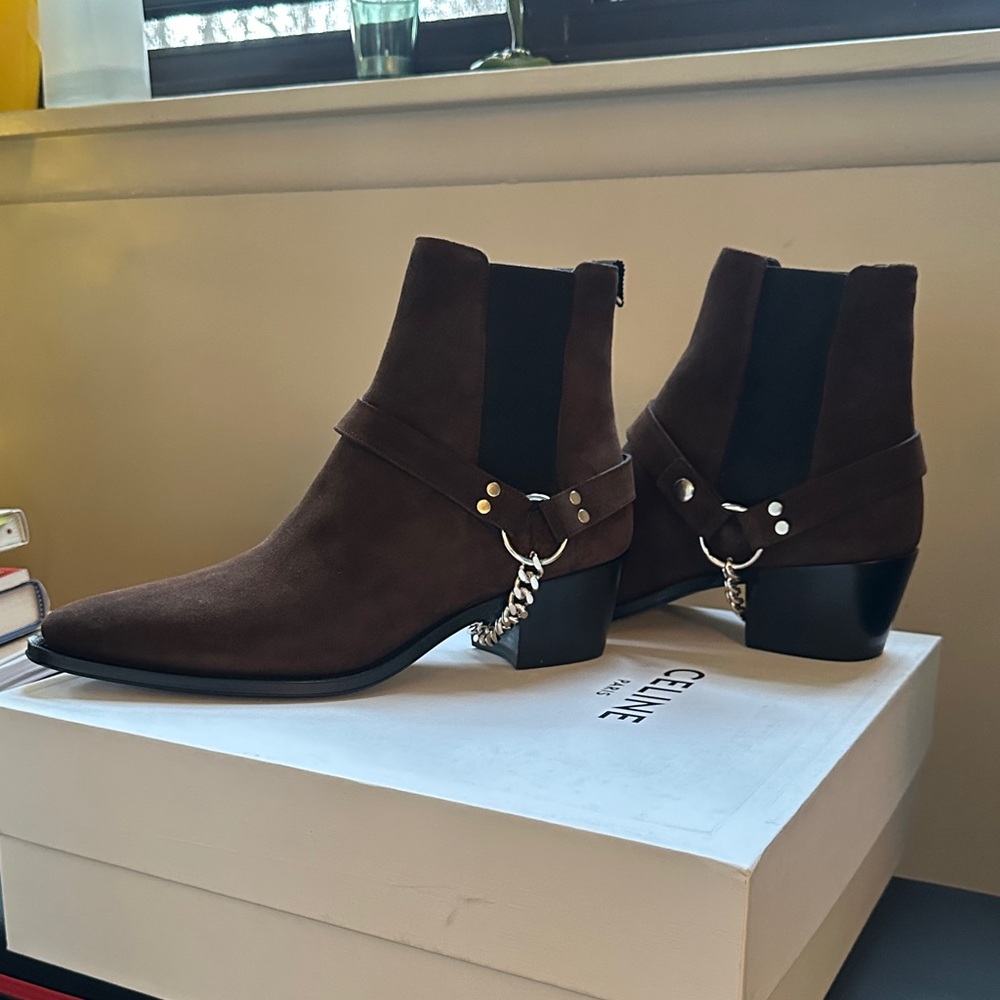 New In Box (NIB) Celine Dark Brown Suede Chelsea Harness Boots with Chain
